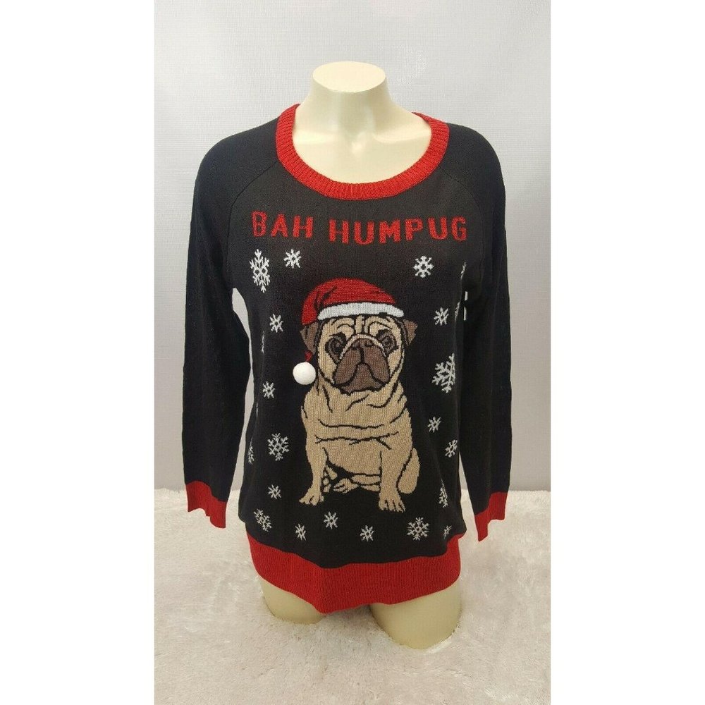 Ugly Christmas Sweater Pug Life Cute Dog  Bah Humpug Women Size Large Black